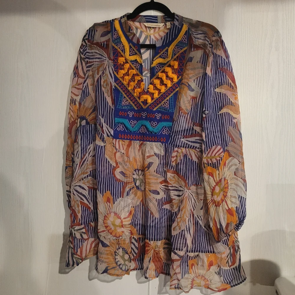 Soft Surroundings Tory Tunic Boho Floral Stripe Print Top Tassel Sheer Sz Large - Picture 12 of 15